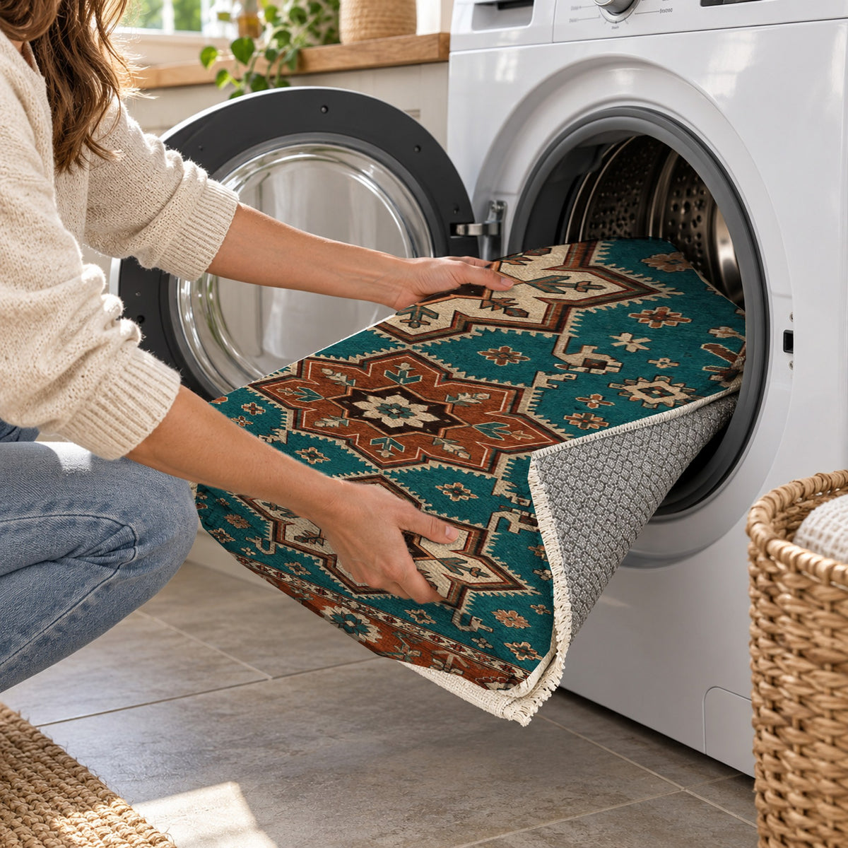 Star Procession Turquoise Copper Ethnic Washable Rug — washing machine