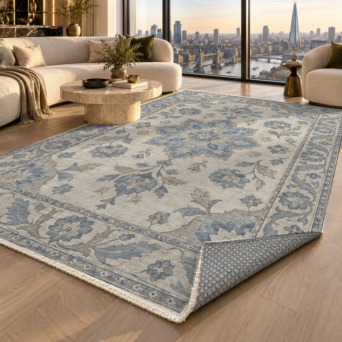 Starlight Ushak Blue Ivory Classic Washable Rug — london luxury living