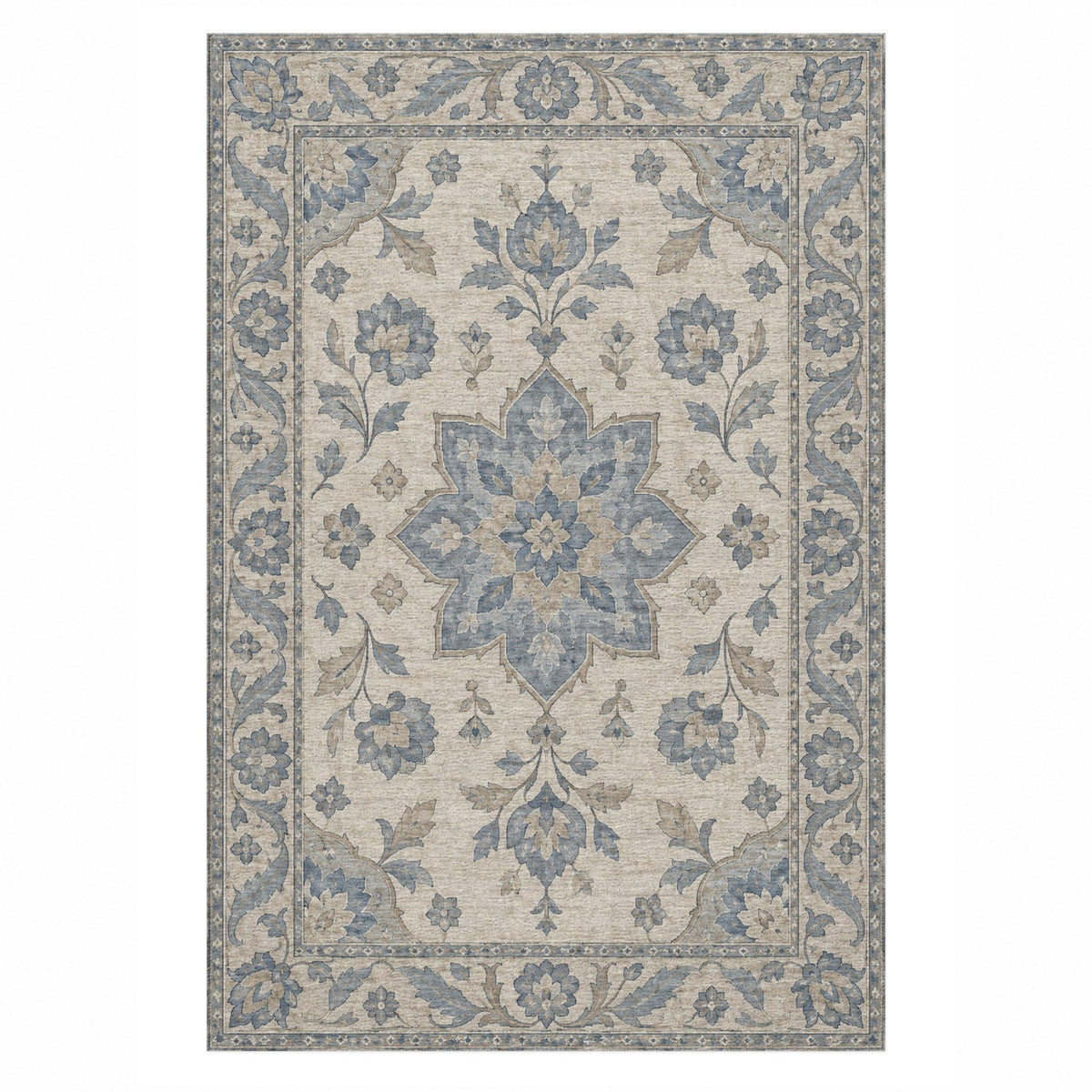 Starlight Ushak Blue Ivory Classic Washable Rug — top view