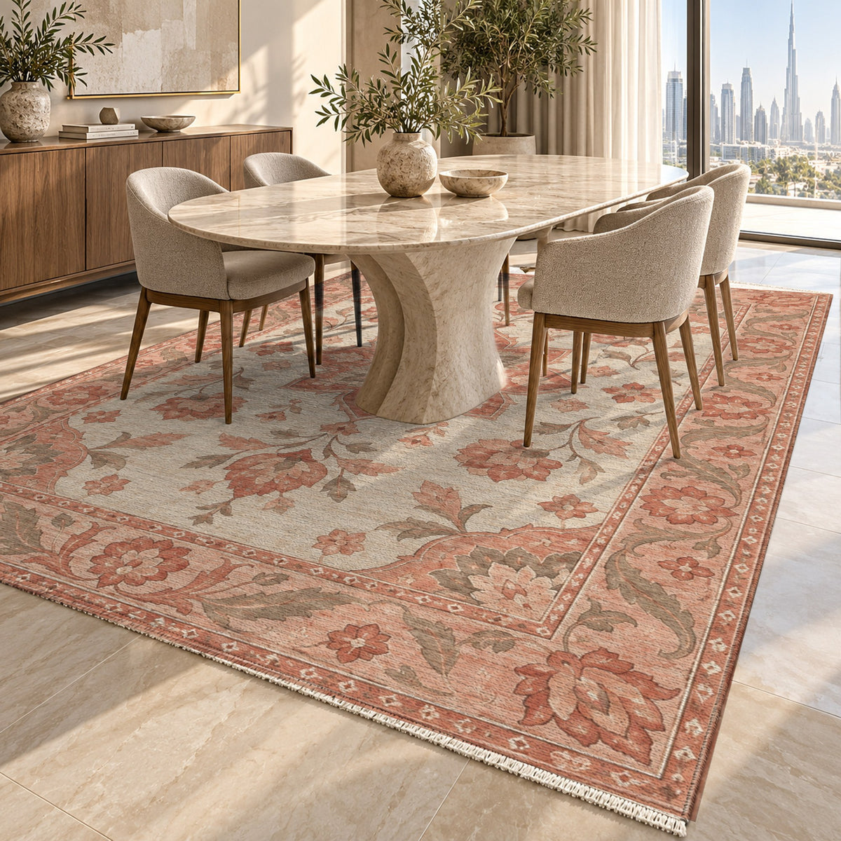 Starlight Ushak Coral Sand Classic Washable Rug — dubai dining