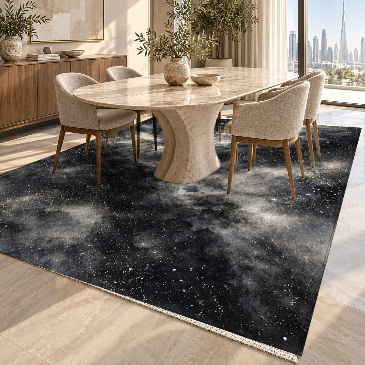Stellar Dust Charcoal Abstract Washable Rug — dubai dining