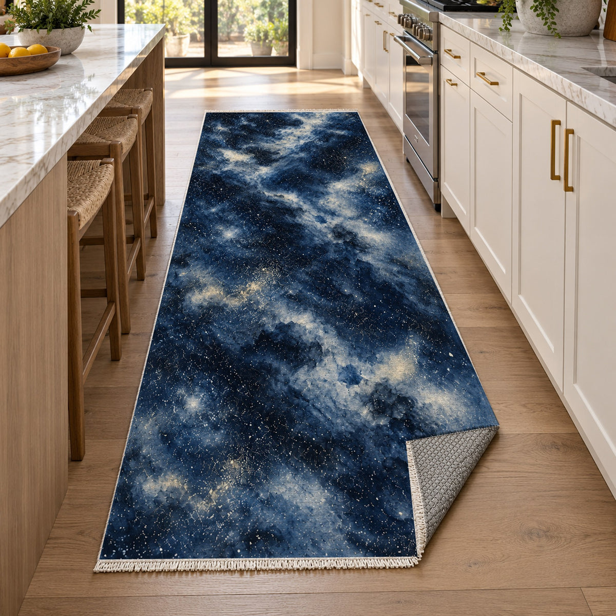 Stellar Dust Indigo Abstract Washable Rug — new york kitchen runner