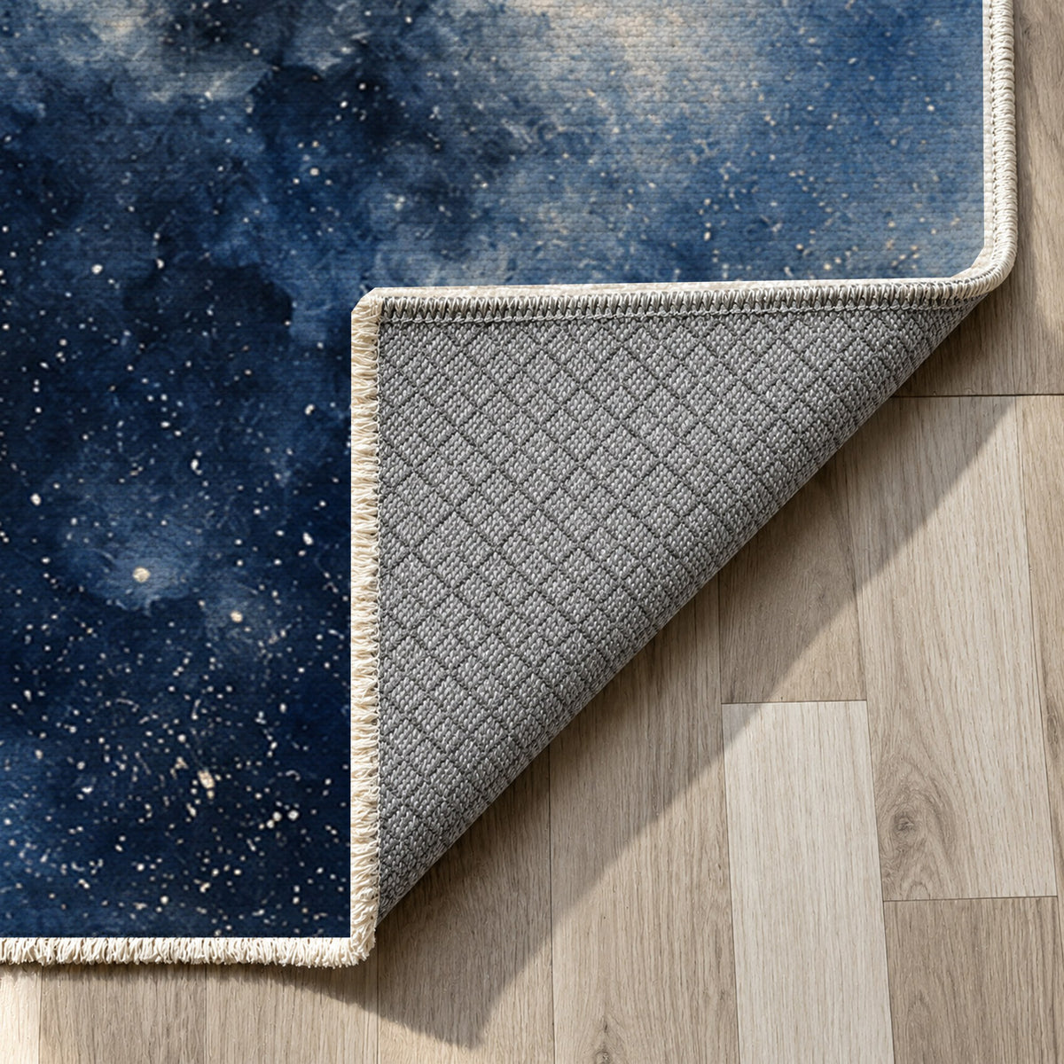 Stellar Dust Indigo Abstract Washable Rug — backing close up