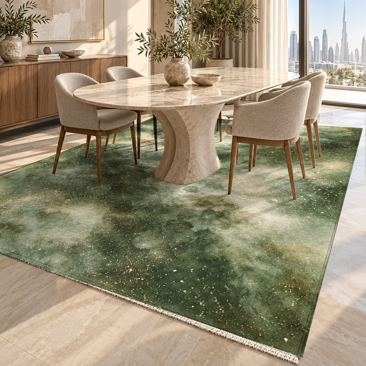 Stellar Dust Sage Abstract Washable Rug — dubai dining