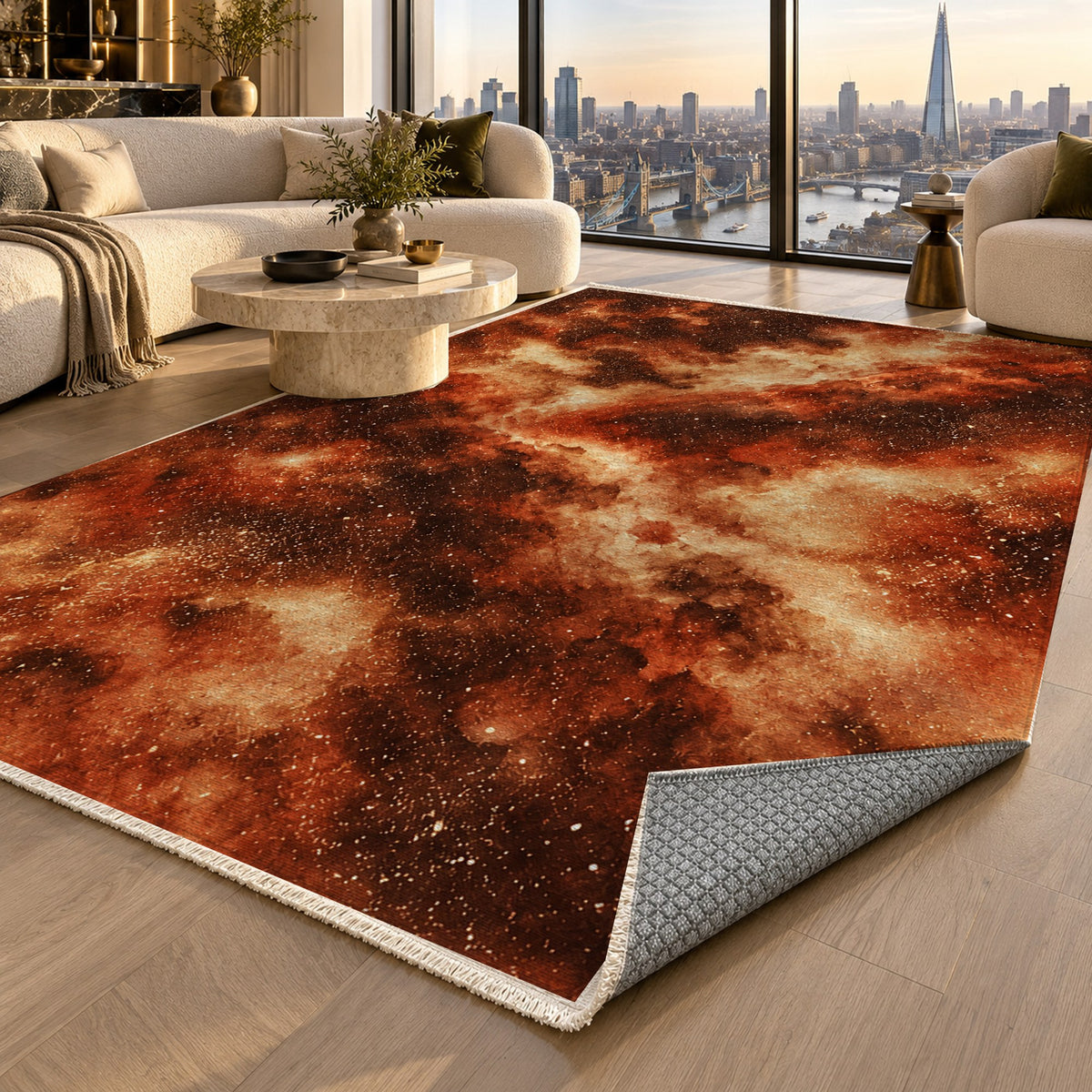 Stellar Dust Terracotta Abstract Washable Rug — london luxury living