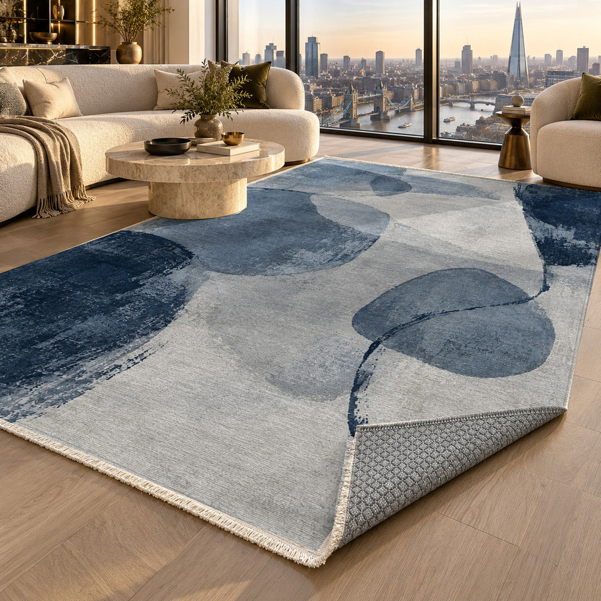 Stone Dialogue Blue Grey Abstract Washable Rug — london luxury living