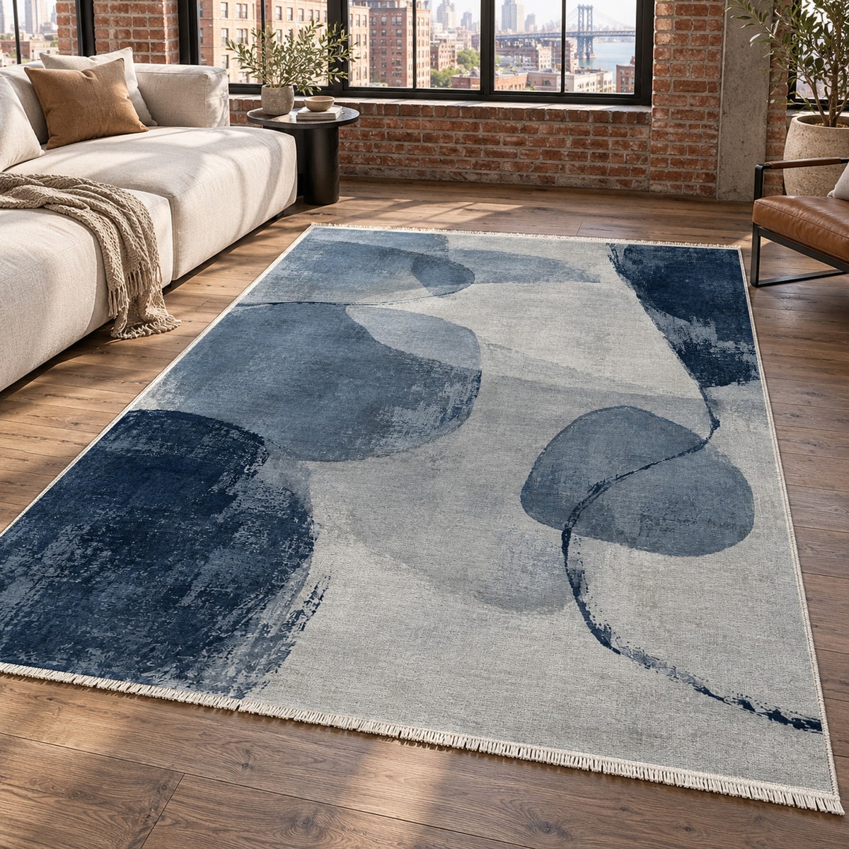 Stone Dialogue Blue Grey Abstract Washable Rug — new york living