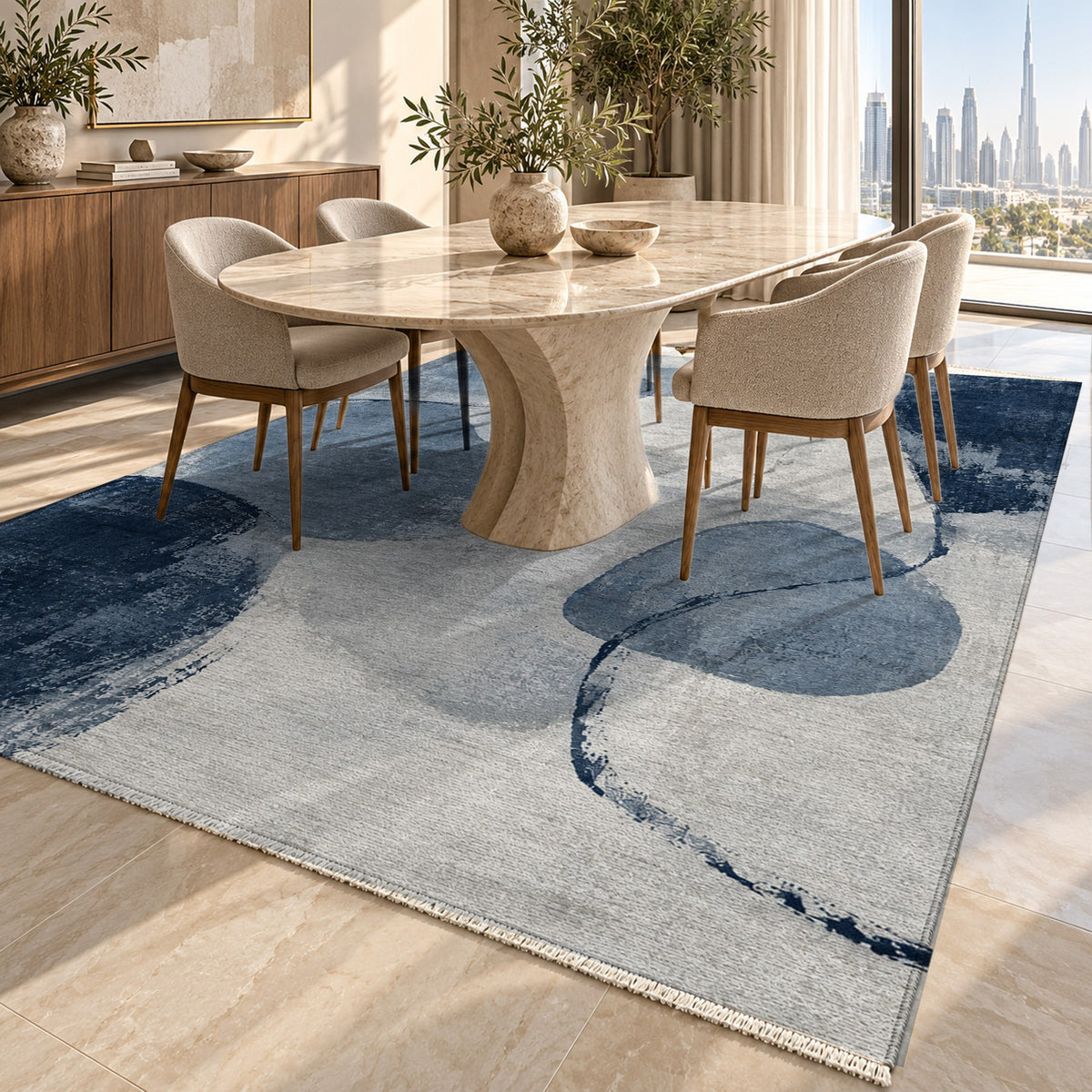 Stone Dialogue Blue Grey Abstract Washable Rug — dubai dining