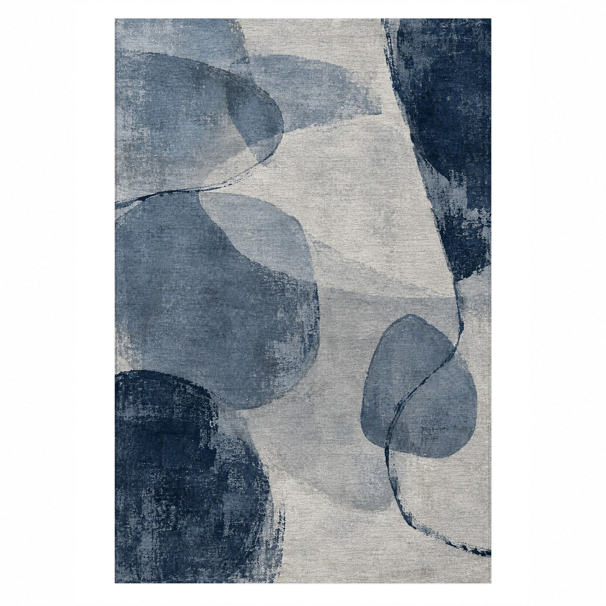 Stone Dialogue Blue Grey Abstract Washable Rug — top view