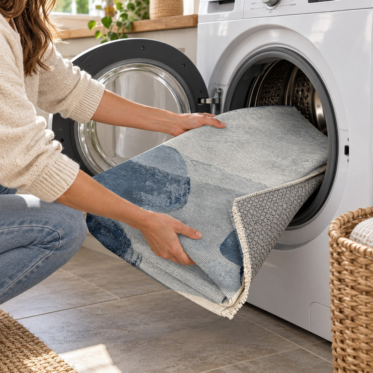 Stone Dialogue Blue Grey Abstract Washable Rug — washing machine
