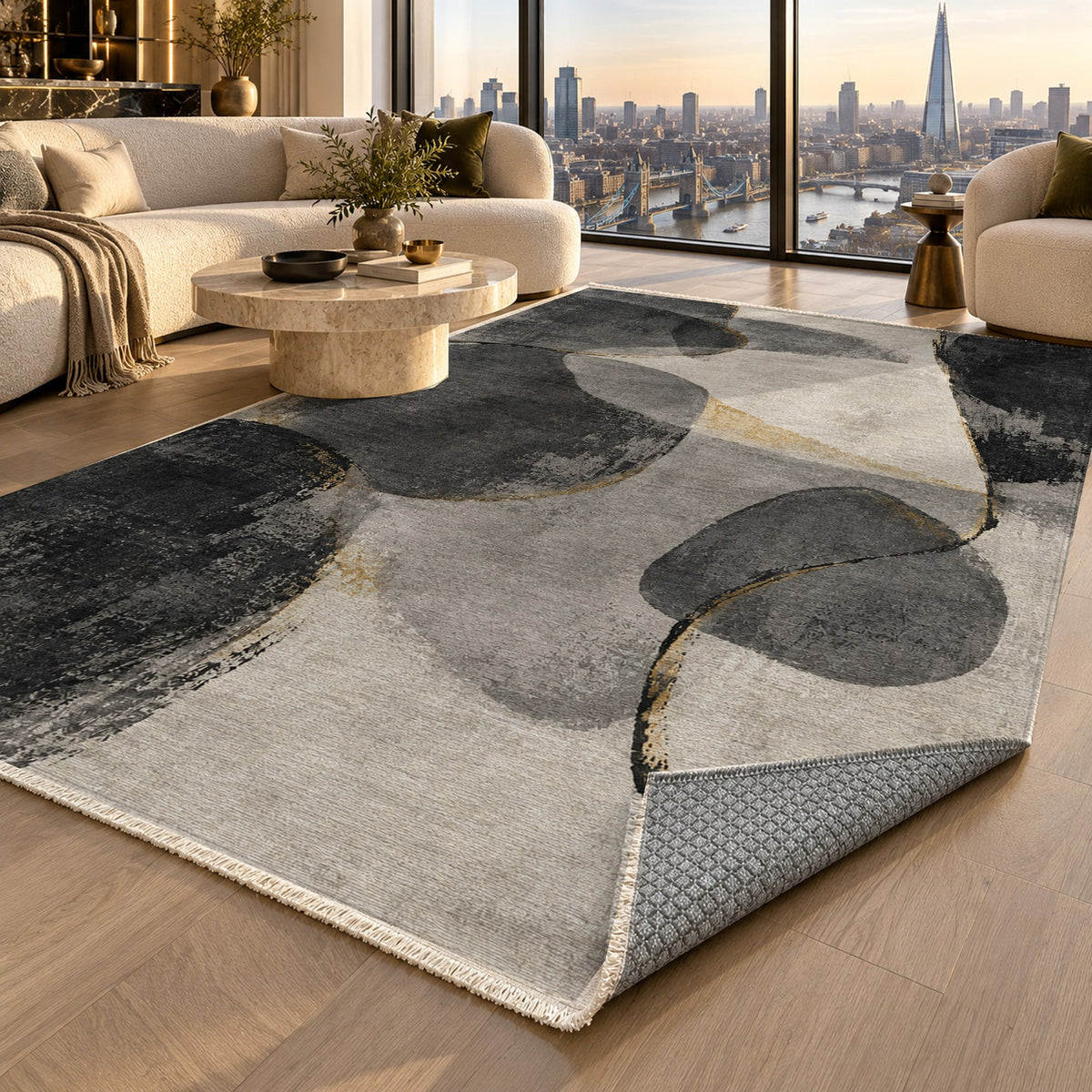 Stone Dialogue Charcoal Gold Abstract Washable Rug — london luxury living