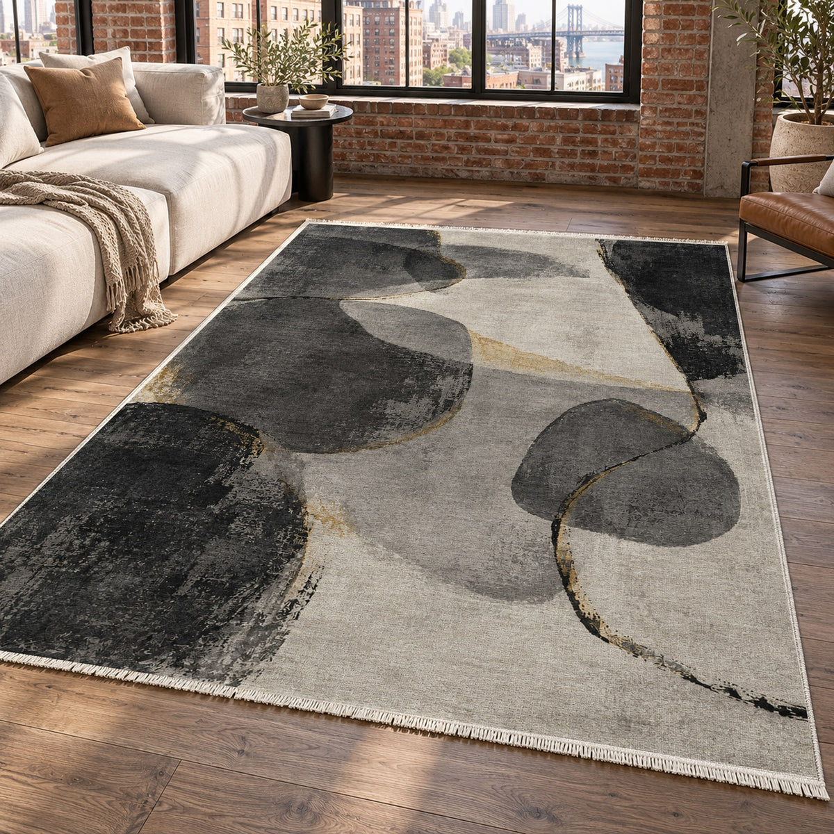 Stone Dialogue Charcoal Gold Abstract Washable Rug — new york living