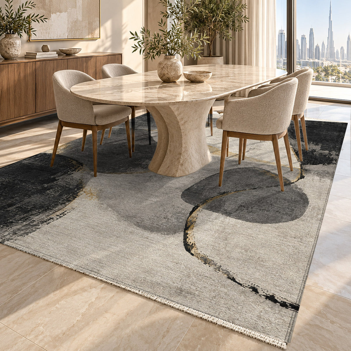 Stone Dialogue Charcoal Gold Abstract Washable Rug — dubai dining