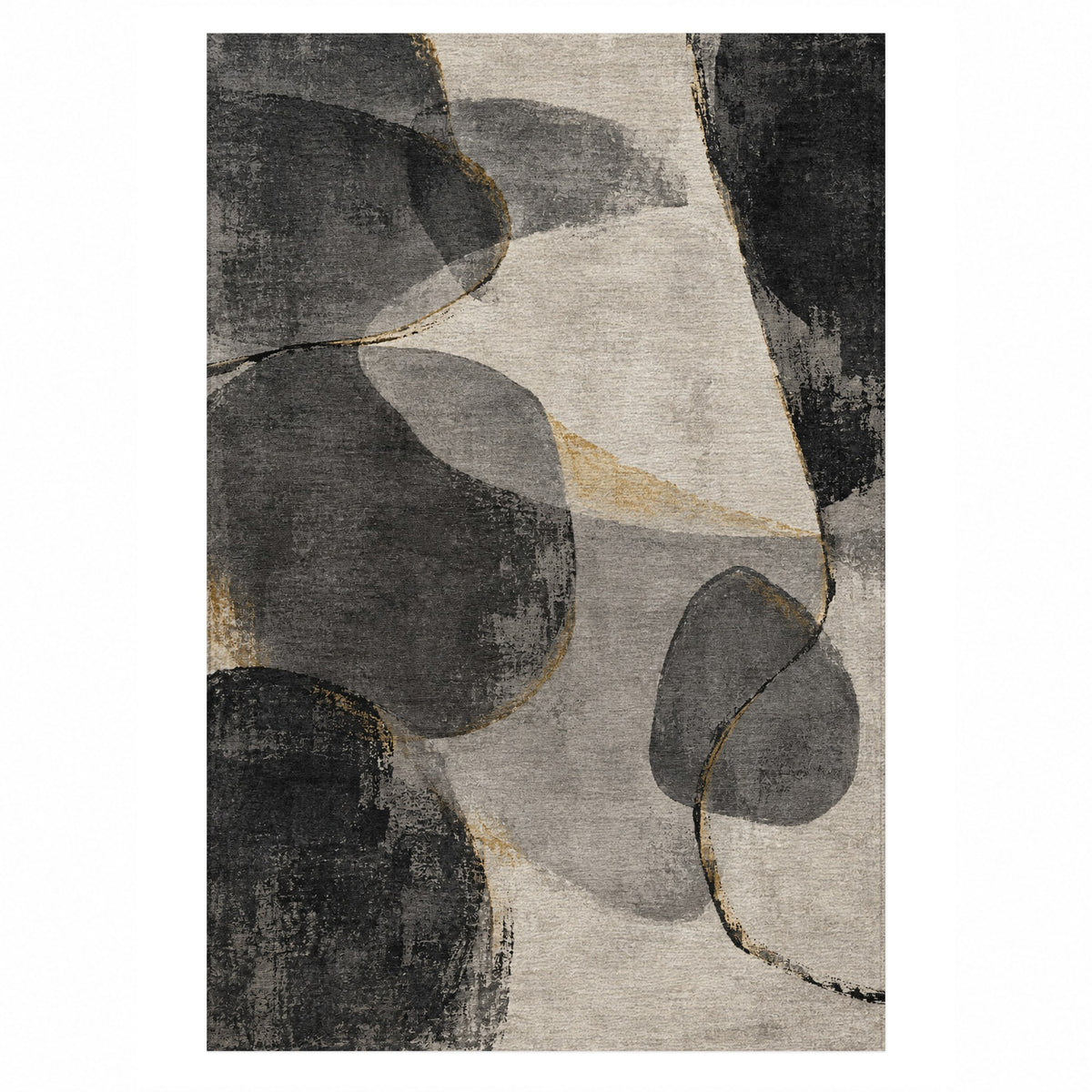 Stone Dialogue Charcoal Gold Abstract Washable Rug — top view