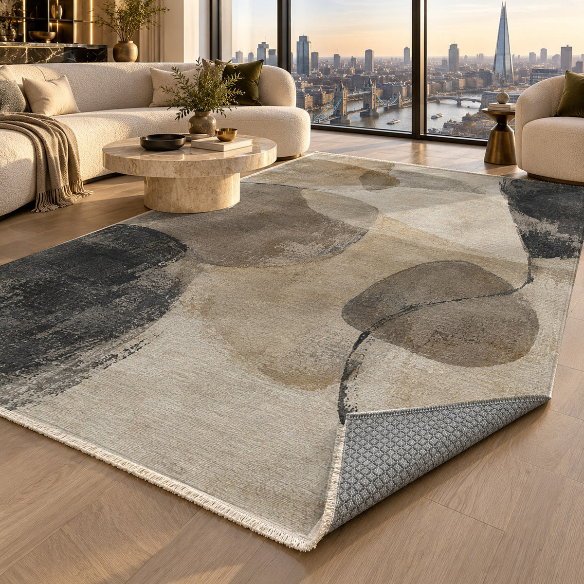 Stone Dialogue Ivory Taupe Abstract Washable Rug — london luxury living
