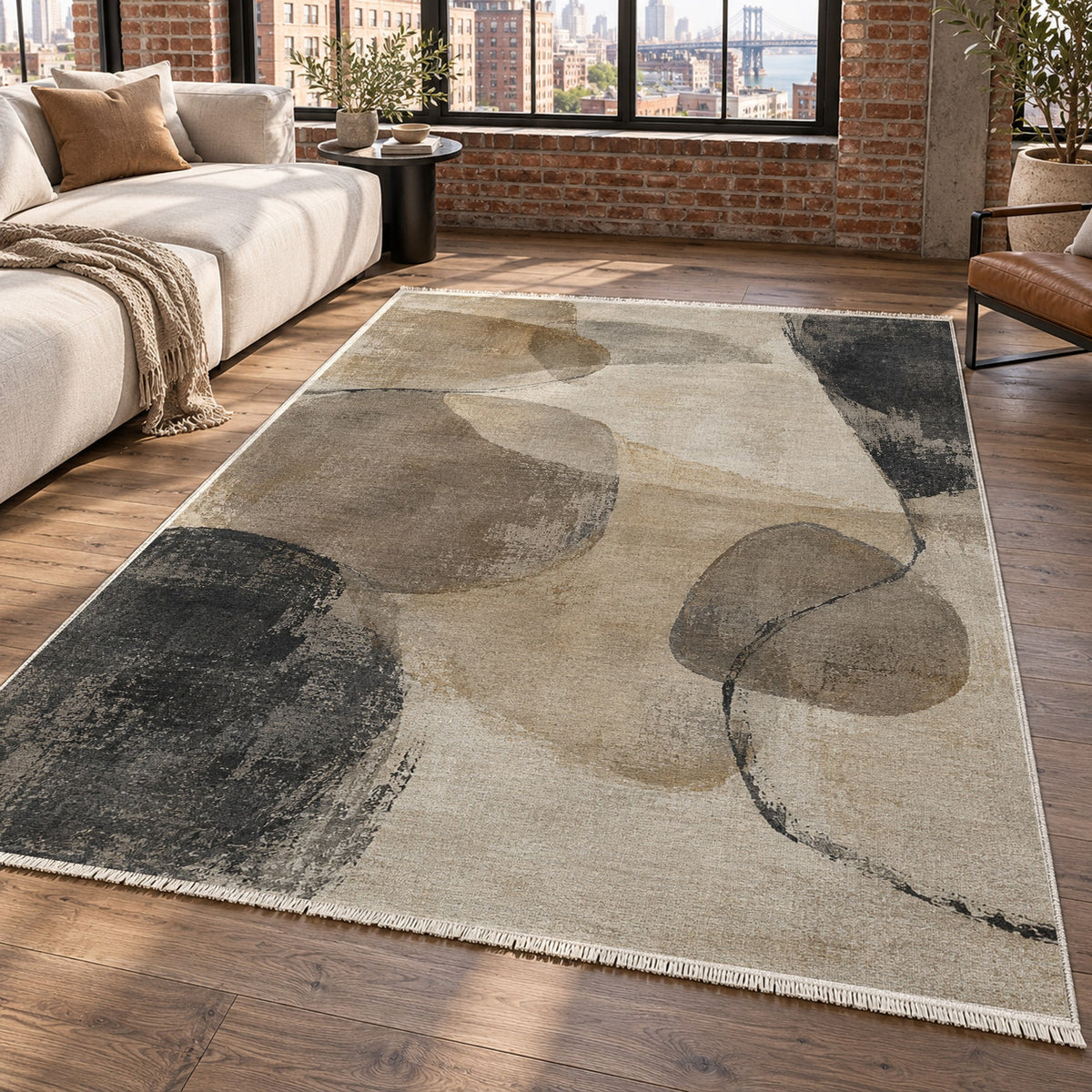 Stone Dialogue Ivory Taupe Abstract Washable Rug — new york living