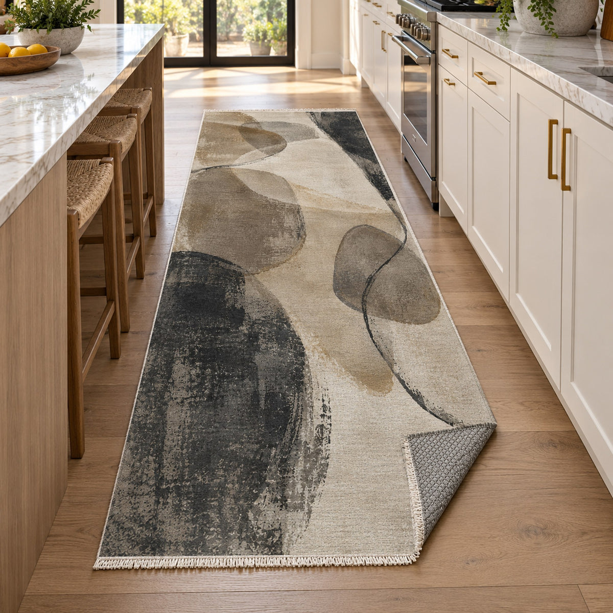 Stone Dialogue Ivory Taupe Abstract Washable Rug — new york kitchen runner