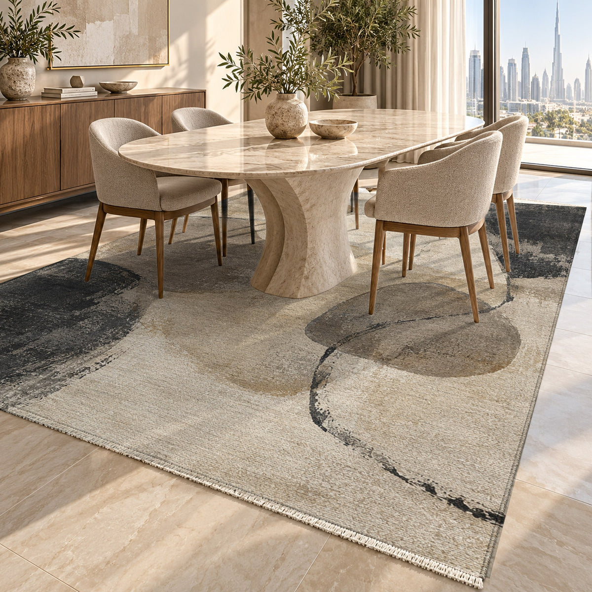 Stone Dialogue Ivory Taupe Abstract Washable Rug — dubai dining