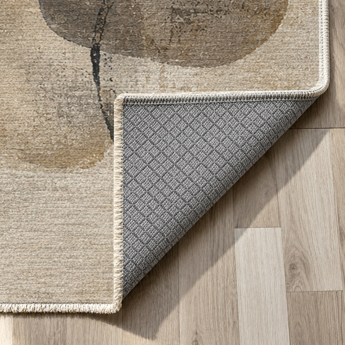 Stone Dialogue Ivory Taupe Abstract Washable Rug — backing close up