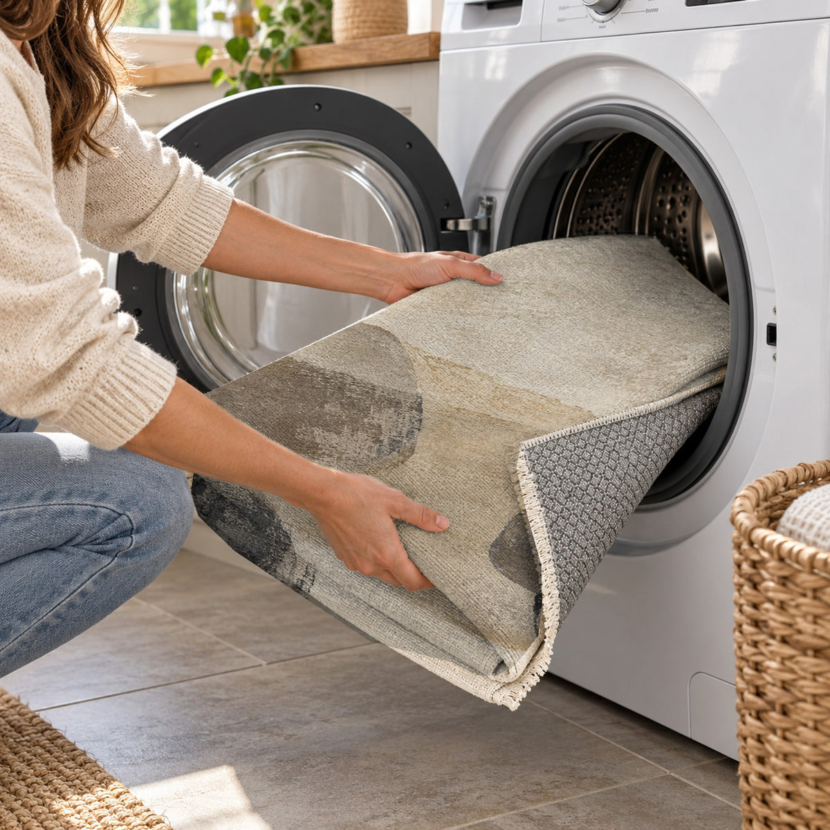 Stone Dialogue Ivory Taupe Abstract Washable Rug — washing machine