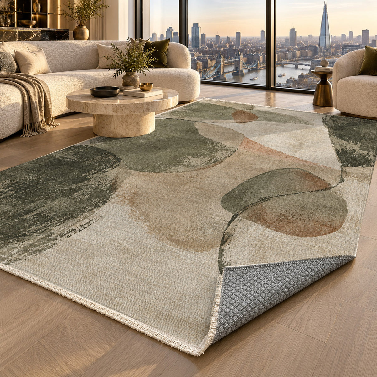 Stone Dialogue Sage Clay Abstract Washable Rug — london luxury living