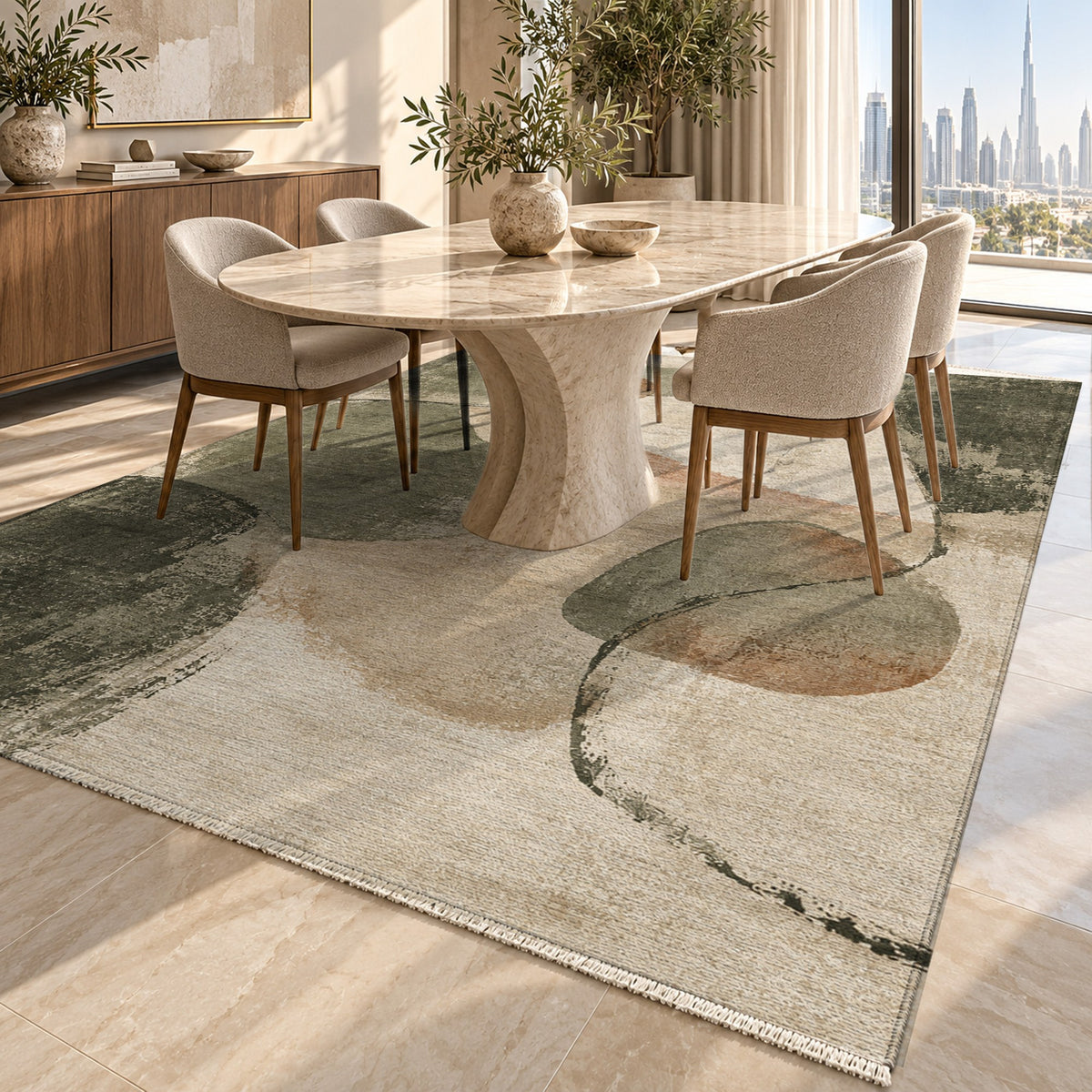 Stone Dialogue Sage Clay Abstract Washable Rug — dubai dining