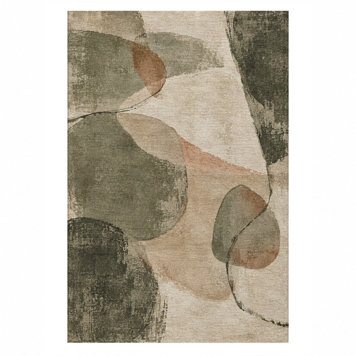 Stone Dialogue Sage Clay Abstract Washable Rug — top view