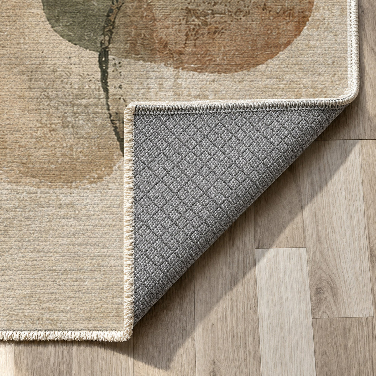 Stone Dialogue Sage Clay Abstract Washable Rug — backing close up