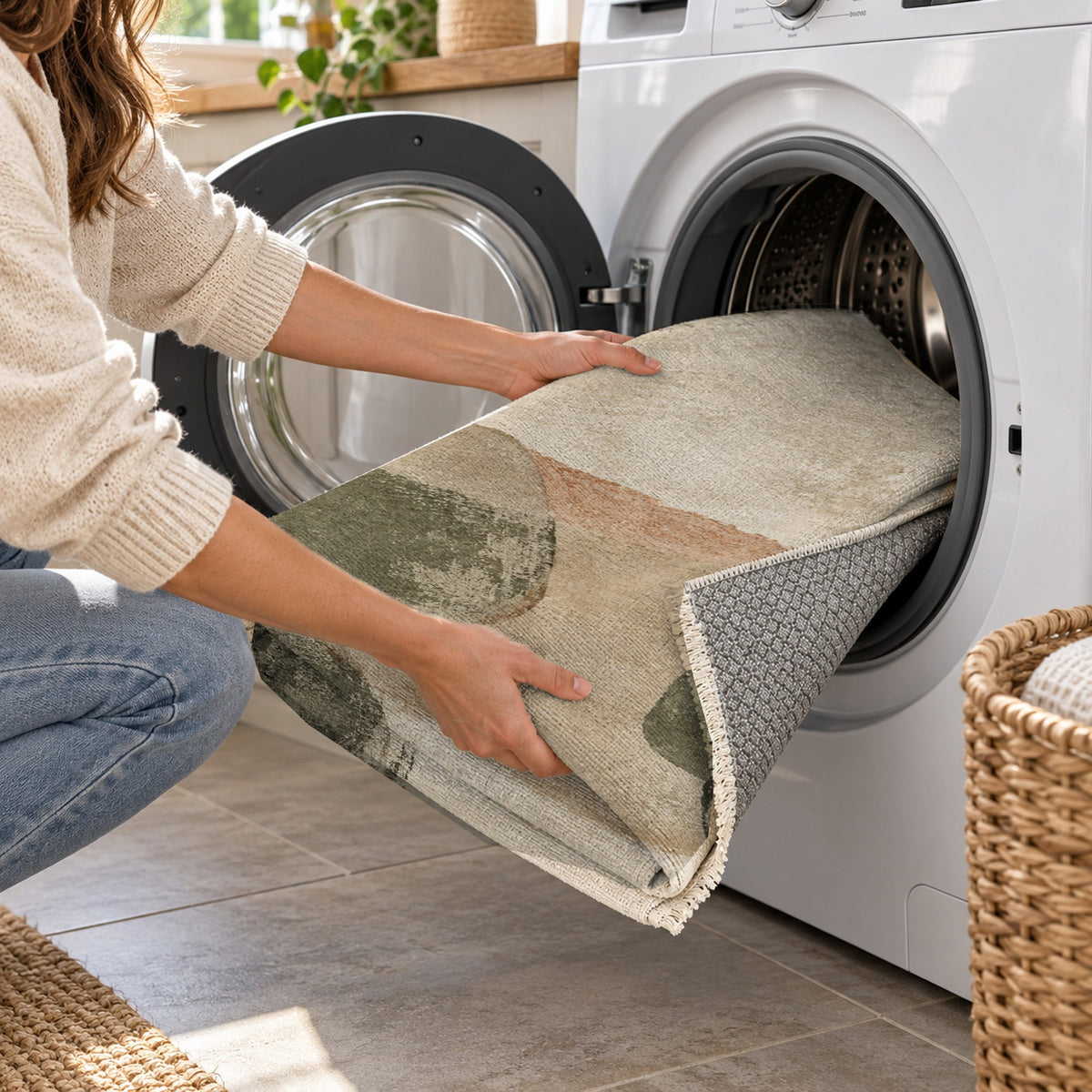 Stone Dialogue Sage Clay Abstract Washable Rug — washing machine