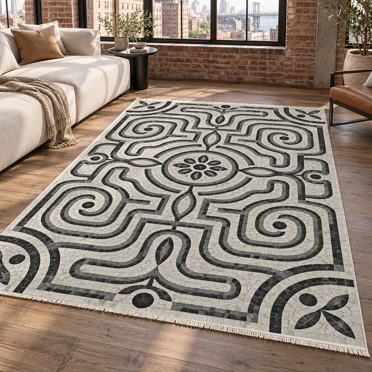 Stone Labyrinth Charcoal Geometric Washable Rug — new york living
