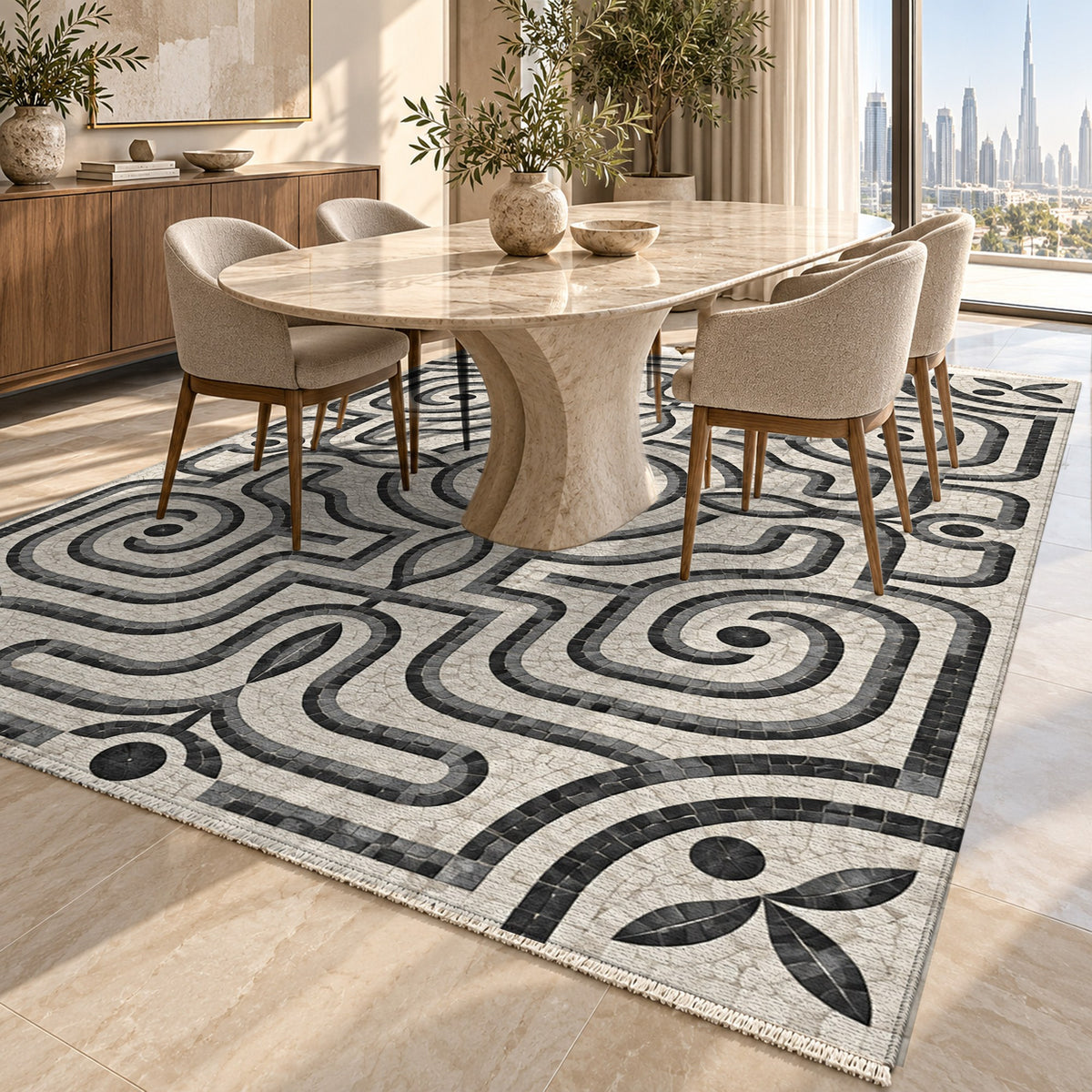 Stone Labyrinth Charcoal Geometric Washable Rug — dubai dining