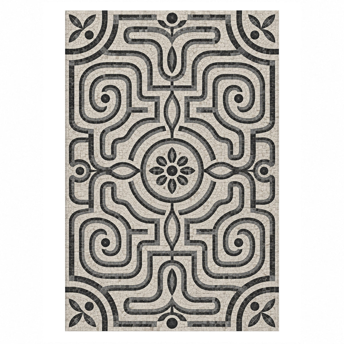Stone Labyrinth Charcoal Geometric Washable Rug — top view