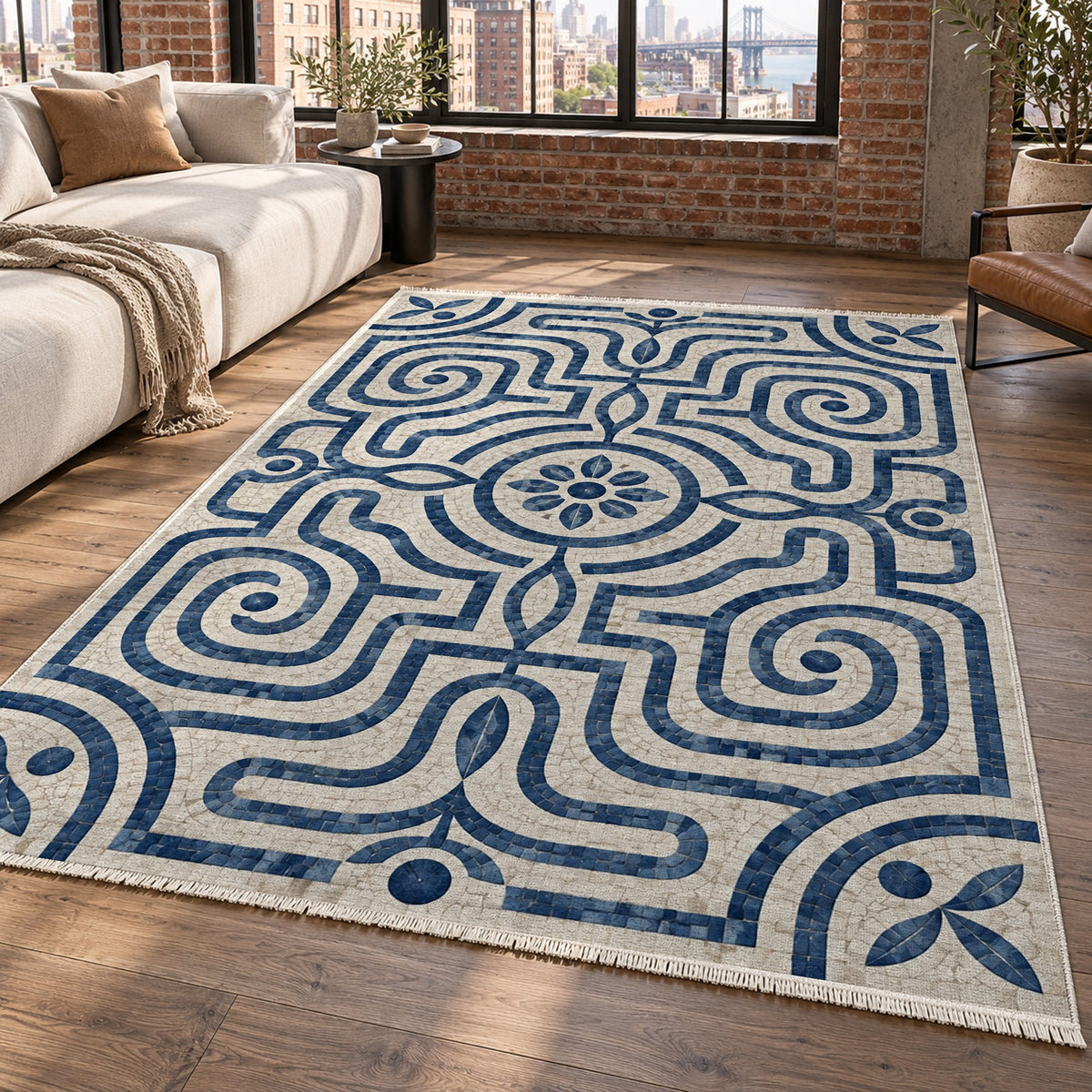 Stone Labyrinth Indigo Geometric Washable Rug — new york living