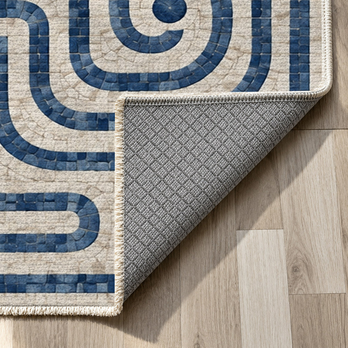 Stone Labyrinth Indigo Geometric Washable Rug — backing close up