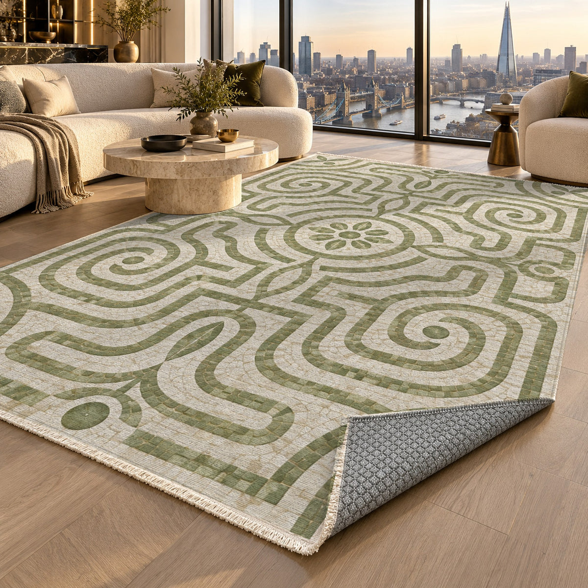 Stone Labyrinth Sage Geometric Washable Rug — london luxury living