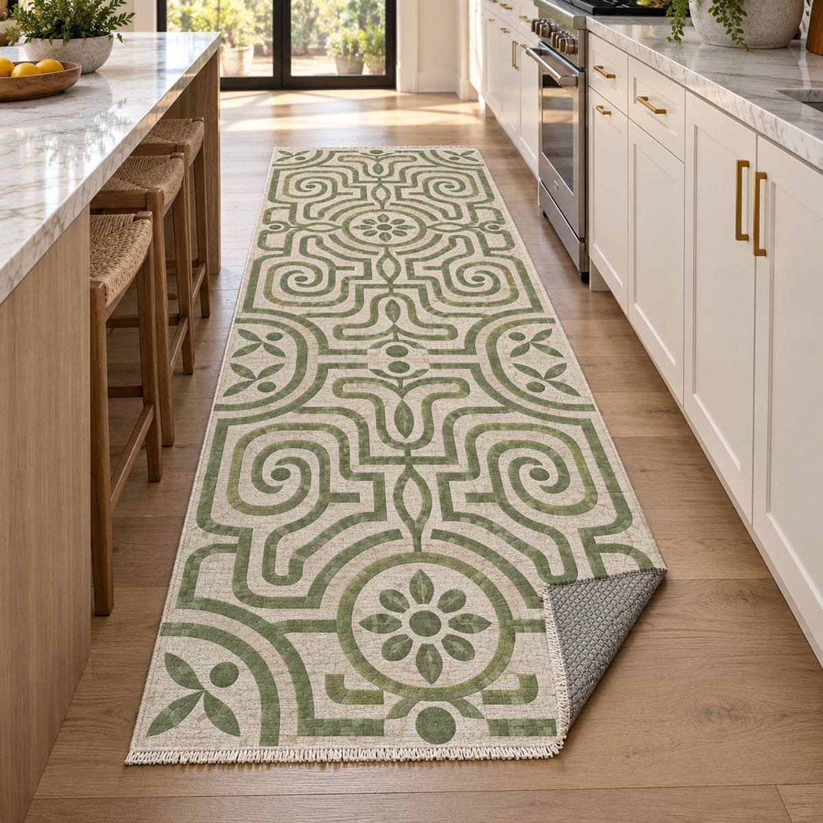 Stone Labyrinth Sage Geometric Washable Rug — new york kitchen runner