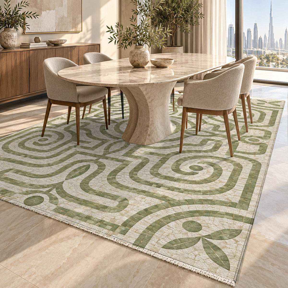 Stone Labyrinth Sage Geometric Washable Rug — dubai dining