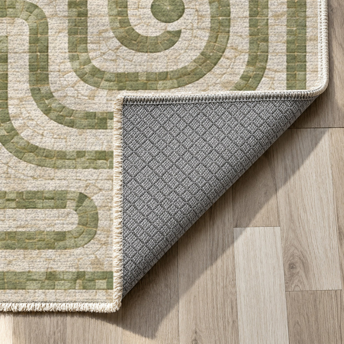 Stone Labyrinth Sage Geometric Washable Rug — backing close up