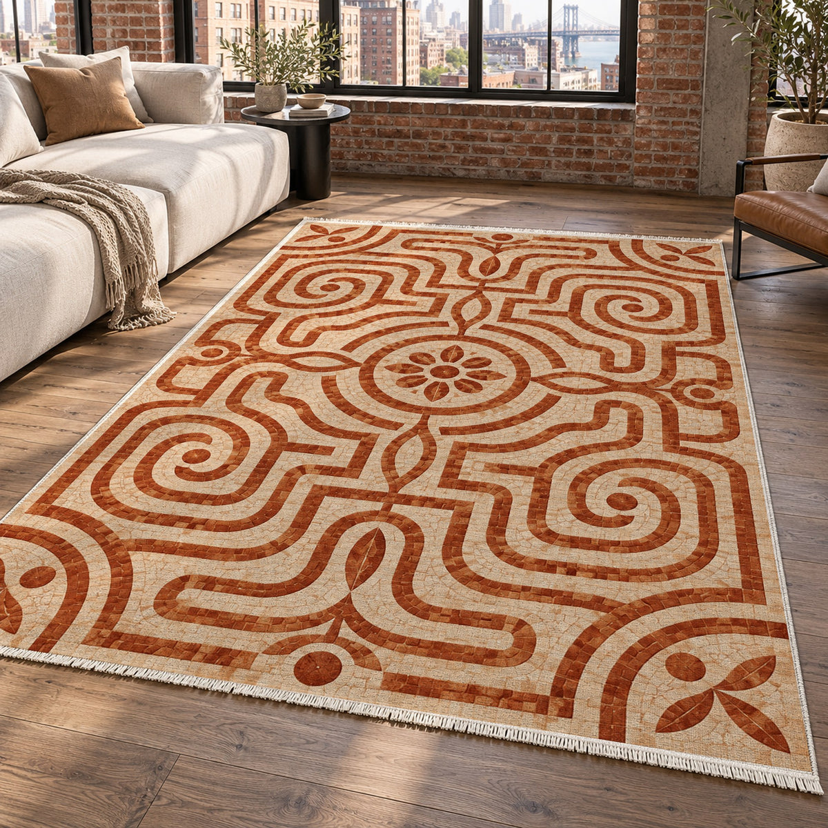Stone Labyrinth Terracotta Geometric Washable Rug — new york living