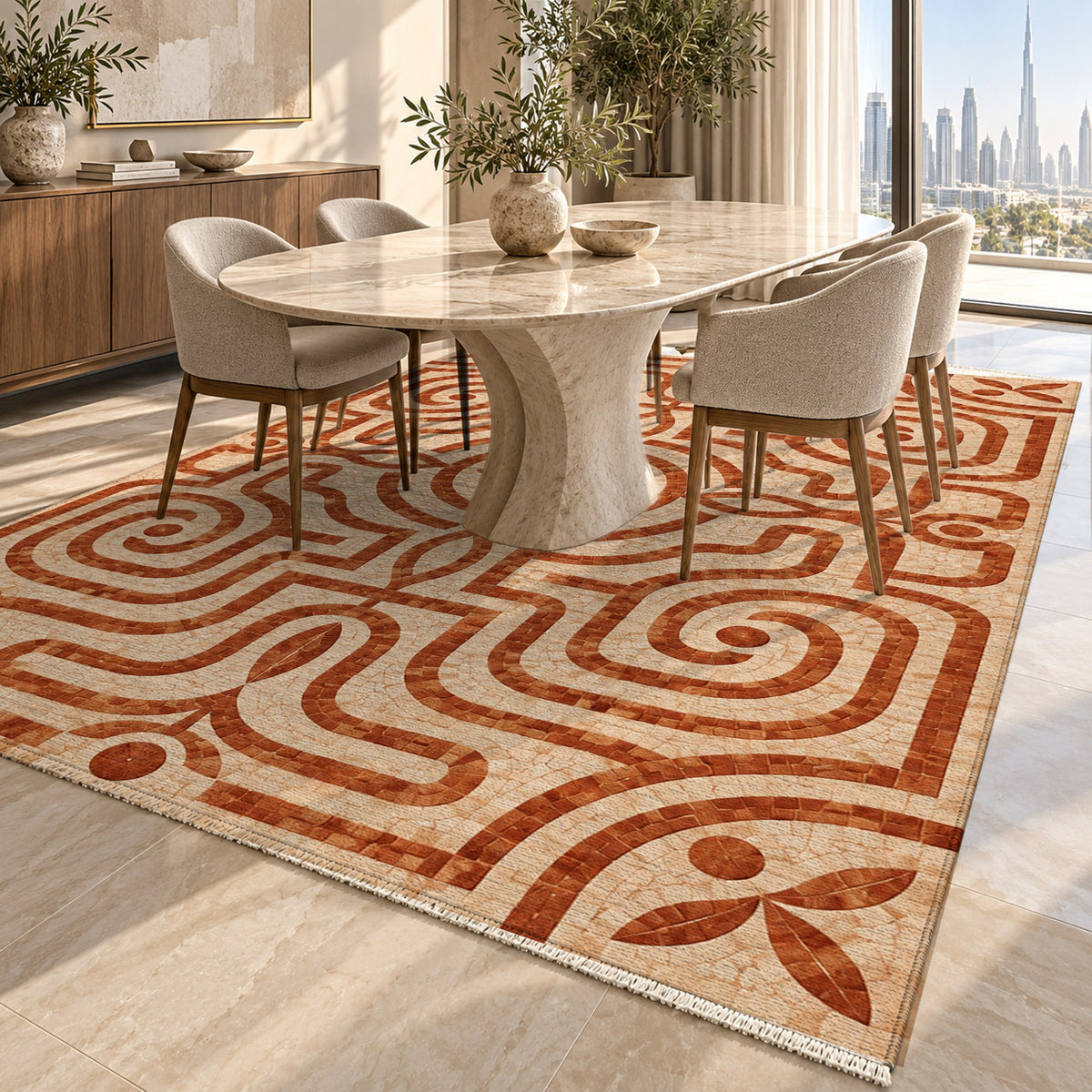 Stone Labyrinth Terracotta Geometric Washable Rug — dubai dining