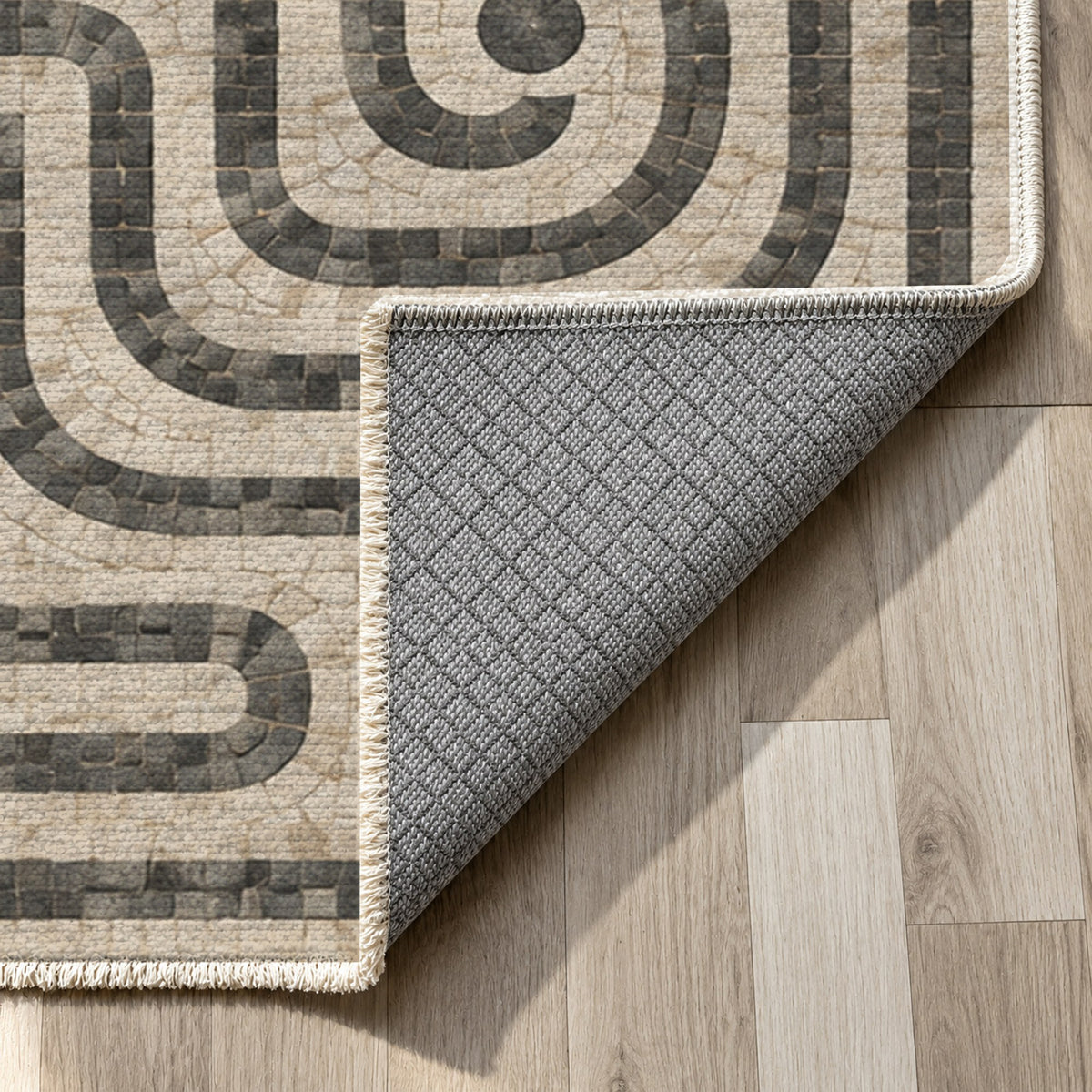 Stone Labyrinth Geometric Washable Rug — backing close up