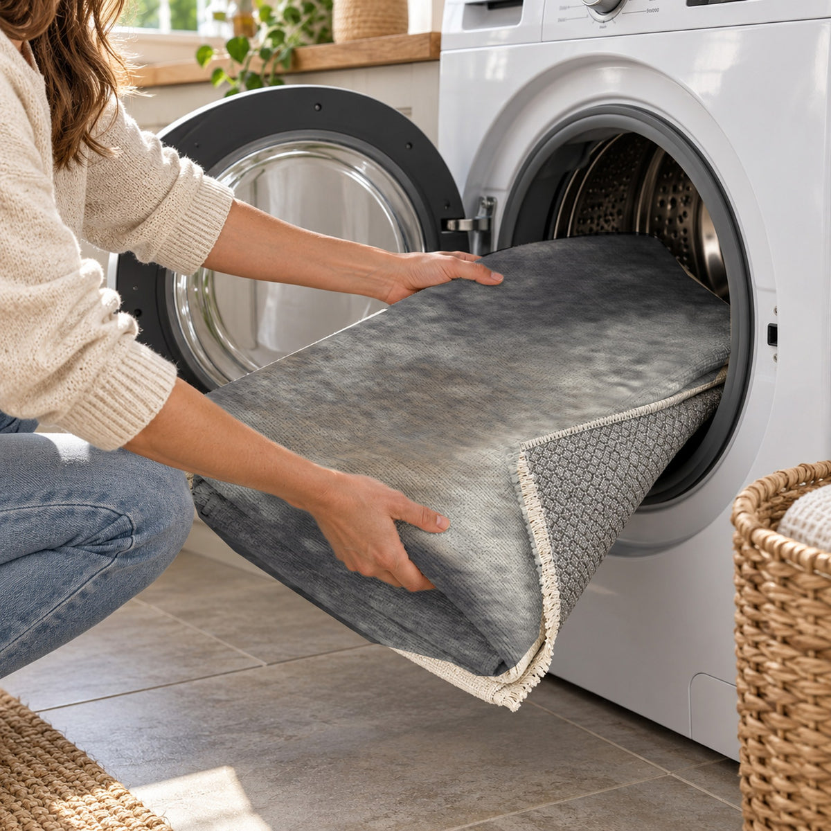 Strata Black Abstract Washable Rug — washing machine