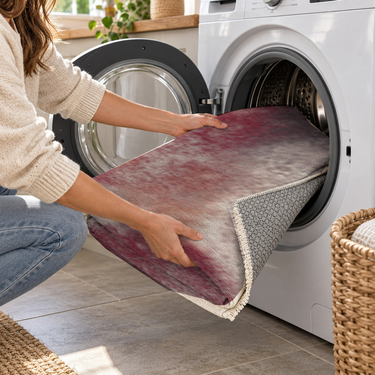 Strata Burgundy Abstract Washable Rug — washing machine