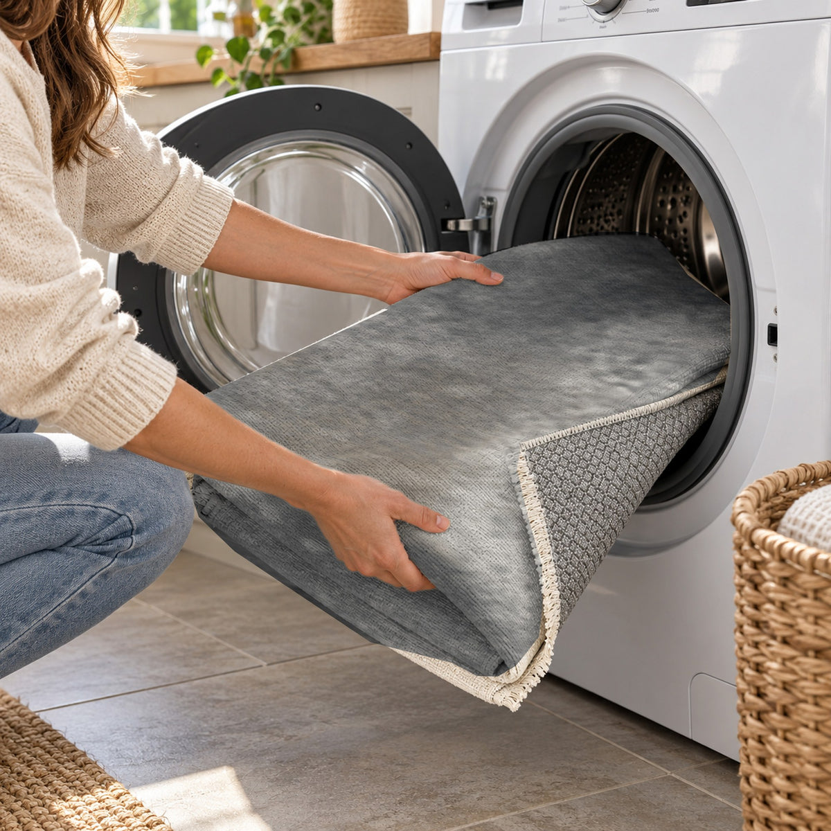 Strata Charcoal Abstract Washable Rug — washing machine