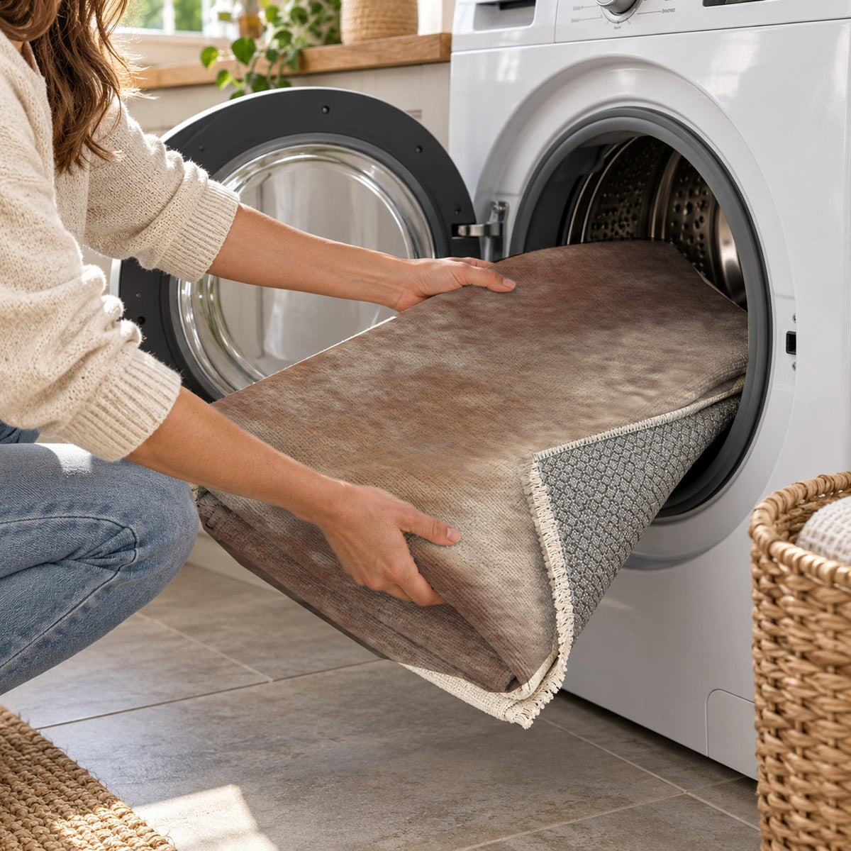 Strata Chocolate Abstract Washable Rug — washing machine