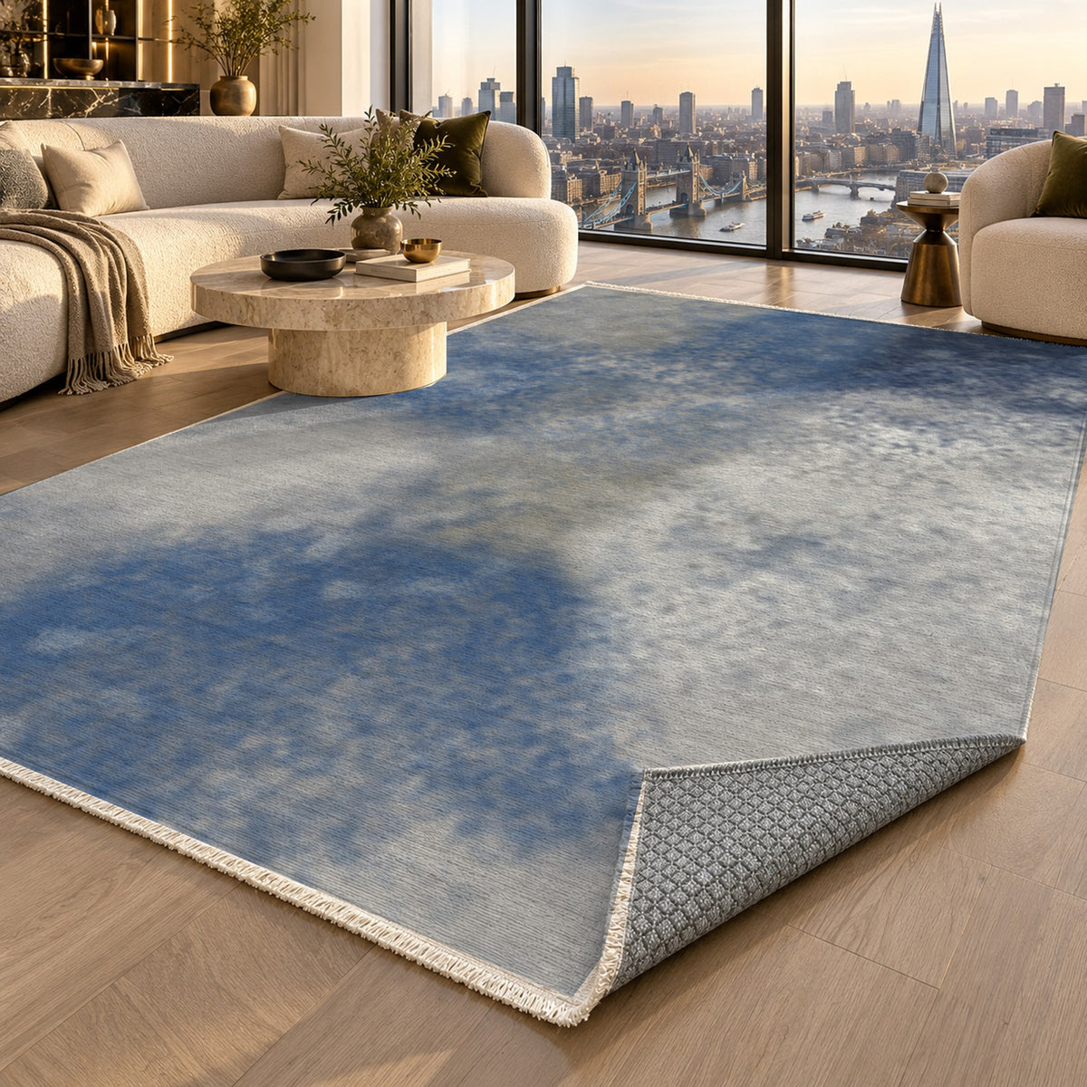 Strata Navy Abstract Washable Rug — london luxury living