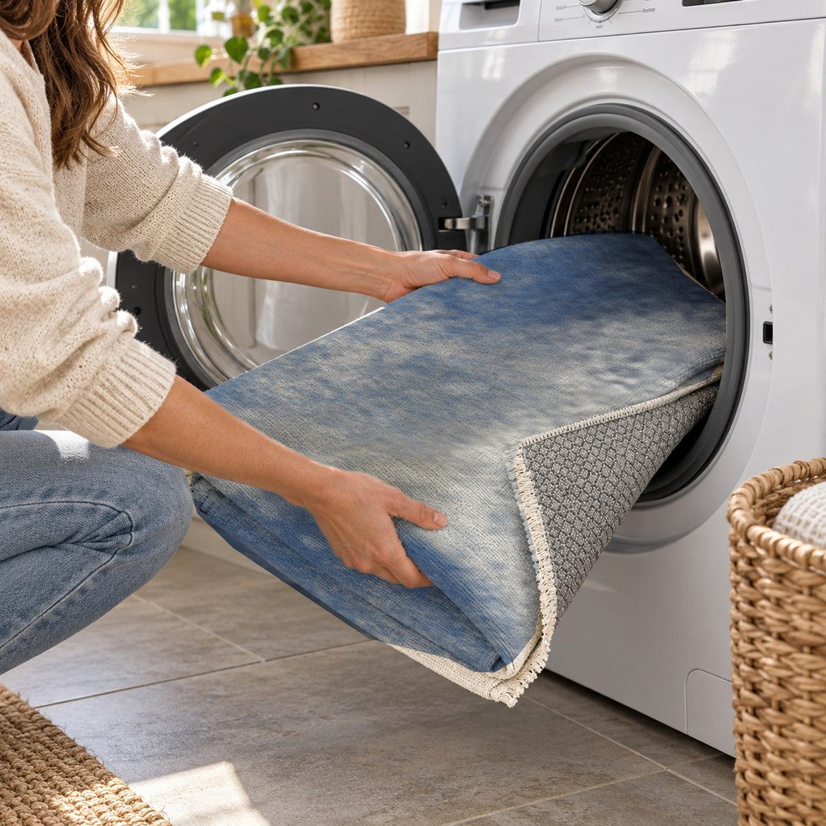 Strata Navy Abstract Washable Rug — washing machine