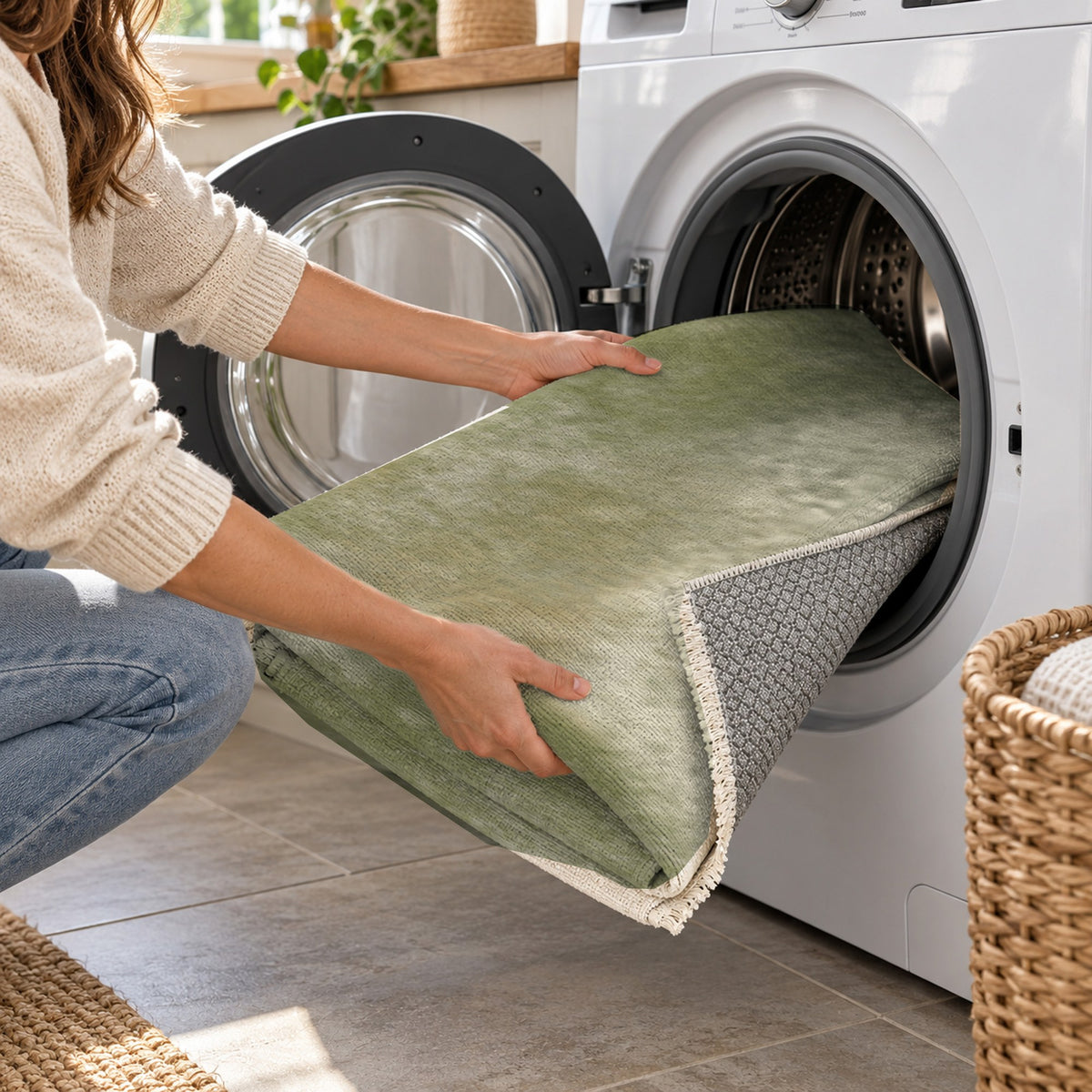 Strata Olive Abstract Washable Rug — washing machine