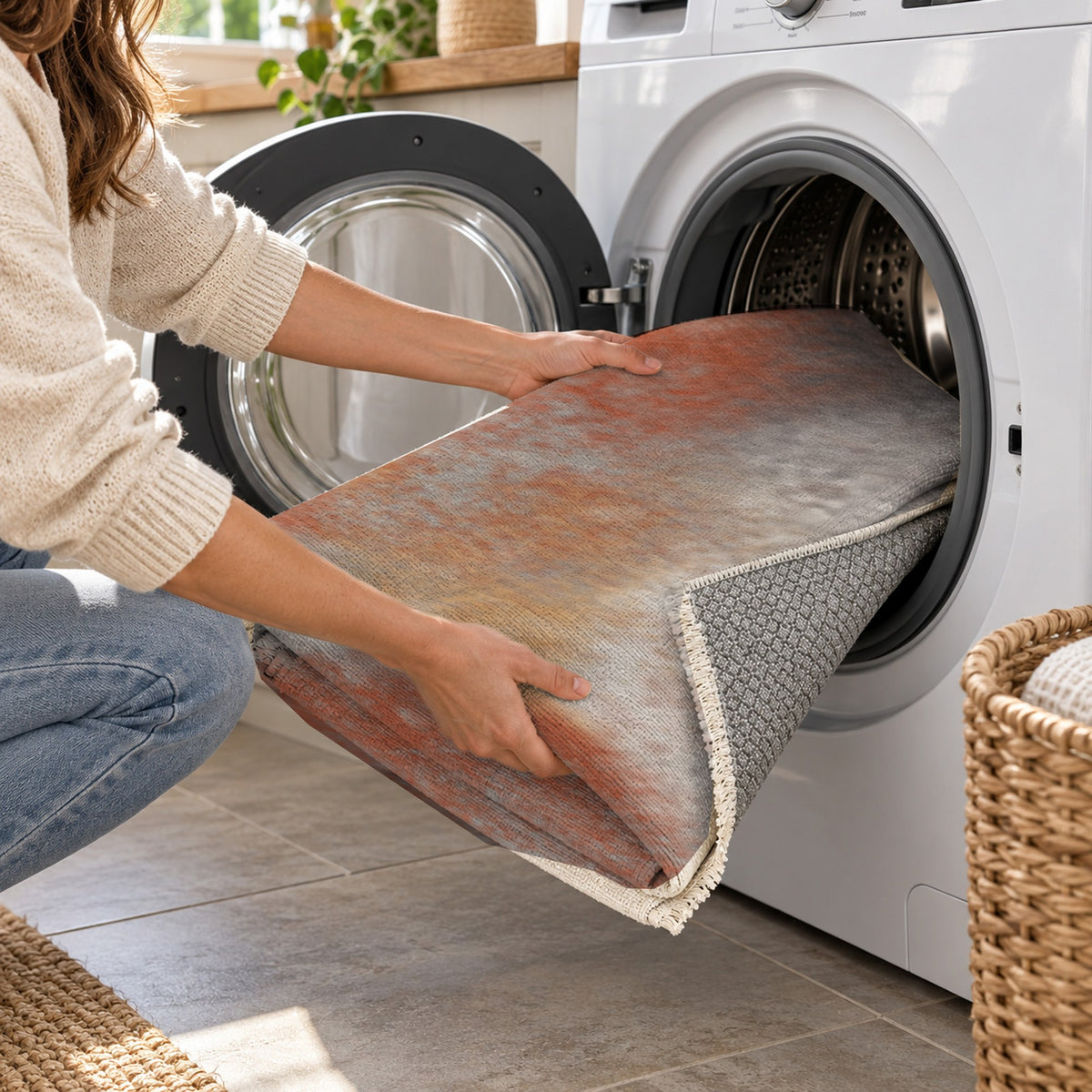 Strata Rust Stone Abstract Washable Rug — washing machine