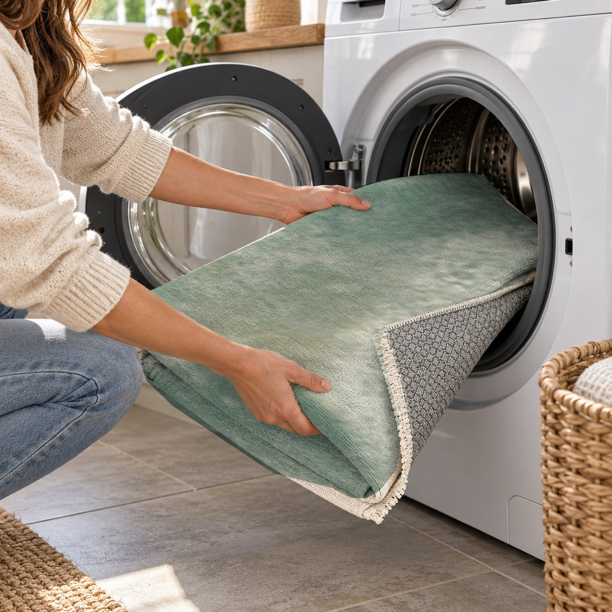 Strata Sage Abstract Washable Rug — washing machine